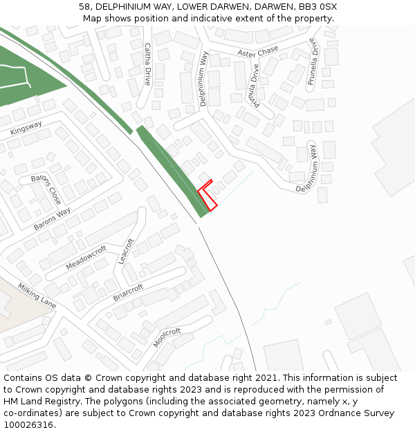 58, DELPHINIUM WAY, LOWER DARWEN, DARWEN, BB3 0SX: Location map and indicative extent of plot