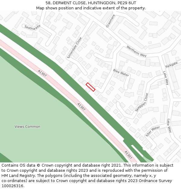 58, DERWENT CLOSE, HUNTINGDON, PE29 6UT: Location map and indicative extent of plot