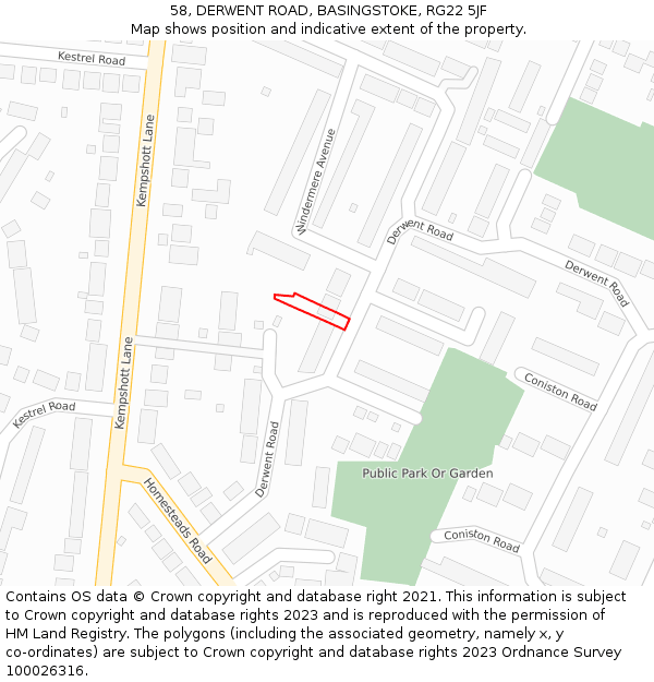58, DERWENT ROAD, BASINGSTOKE, RG22 5JF: Location map and indicative extent of plot