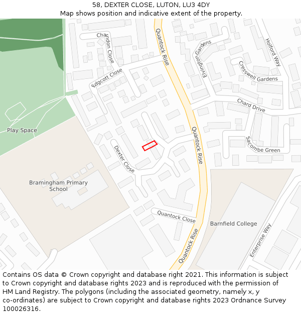 58, DEXTER CLOSE, LUTON, LU3 4DY: Location map and indicative extent of plot