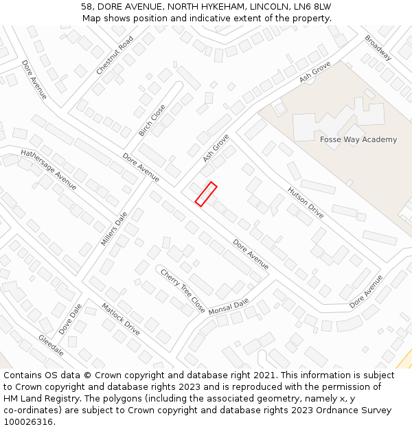 58, DORE AVENUE, NORTH HYKEHAM, LINCOLN, LN6 8LW: Location map and indicative extent of plot