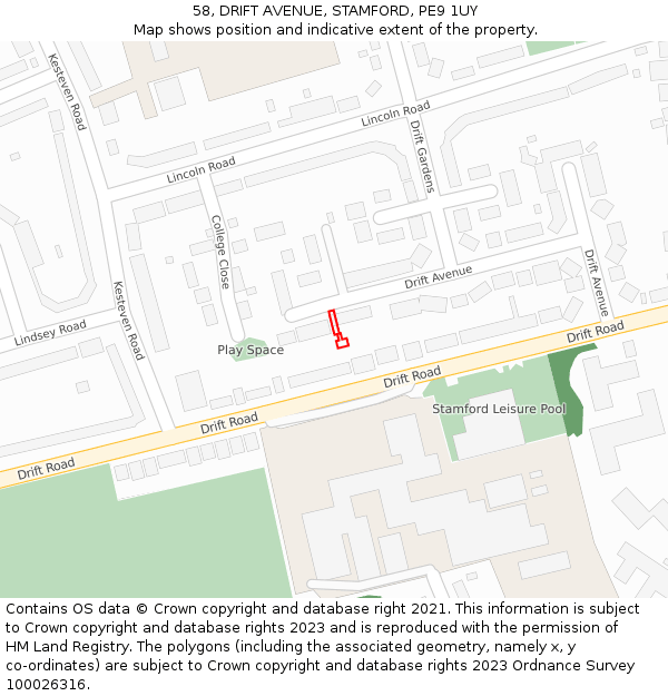 58, DRIFT AVENUE, STAMFORD, PE9 1UY: Location map and indicative extent of plot