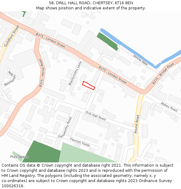 58, DRILL HALL ROAD, CHERTSEY, KT16 8EN: Location map and indicative extent of plot