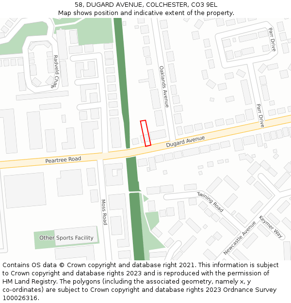 58, DUGARD AVENUE, COLCHESTER, CO3 9EL: Location map and indicative extent of plot