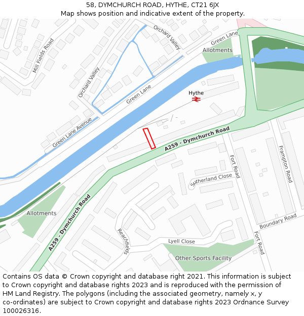 58, DYMCHURCH ROAD, HYTHE, CT21 6JX: Location map and indicative extent of plot