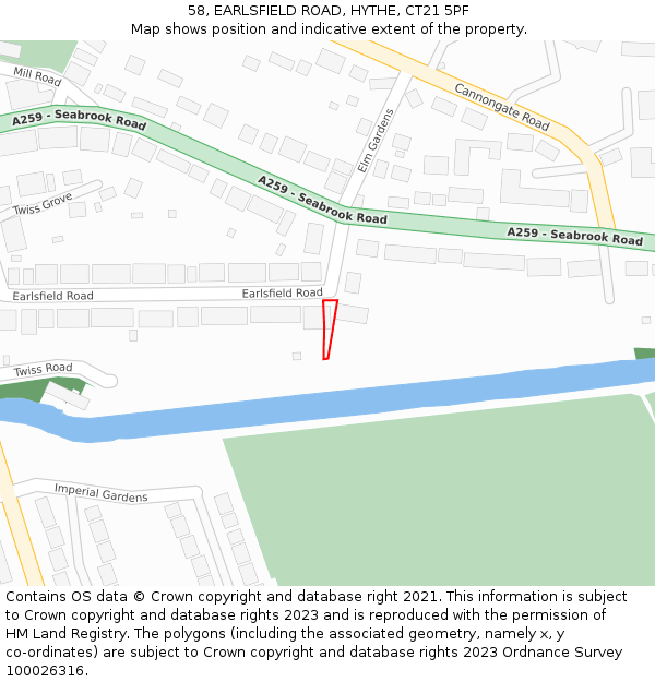 58, EARLSFIELD ROAD, HYTHE, CT21 5PF: Location map and indicative extent of plot