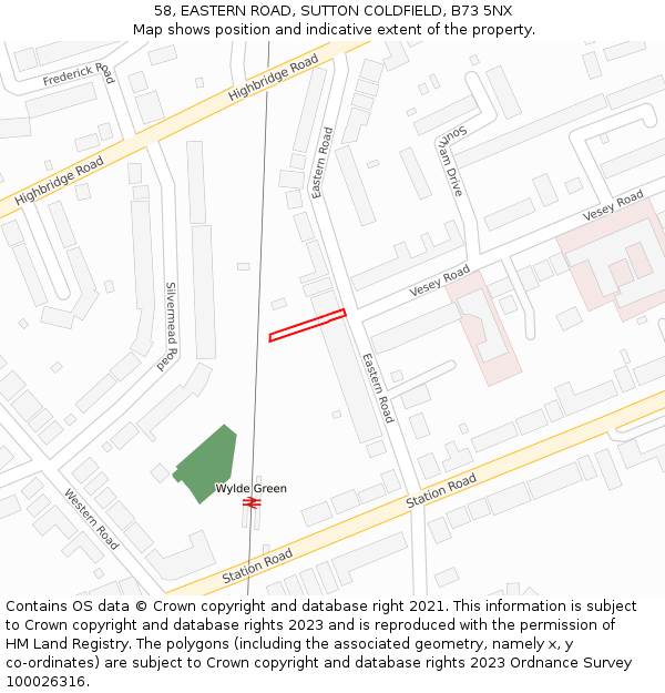 58, EASTERN ROAD, SUTTON COLDFIELD, B73 5NX: Location map and indicative extent of plot