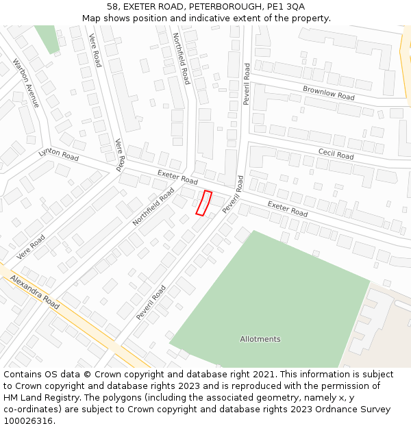 58, EXETER ROAD, PETERBOROUGH, PE1 3QA: Location map and indicative extent of plot