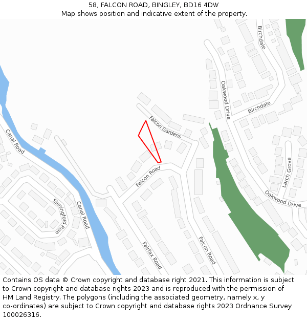 58, FALCON ROAD, BINGLEY, BD16 4DW: Location map and indicative extent of plot