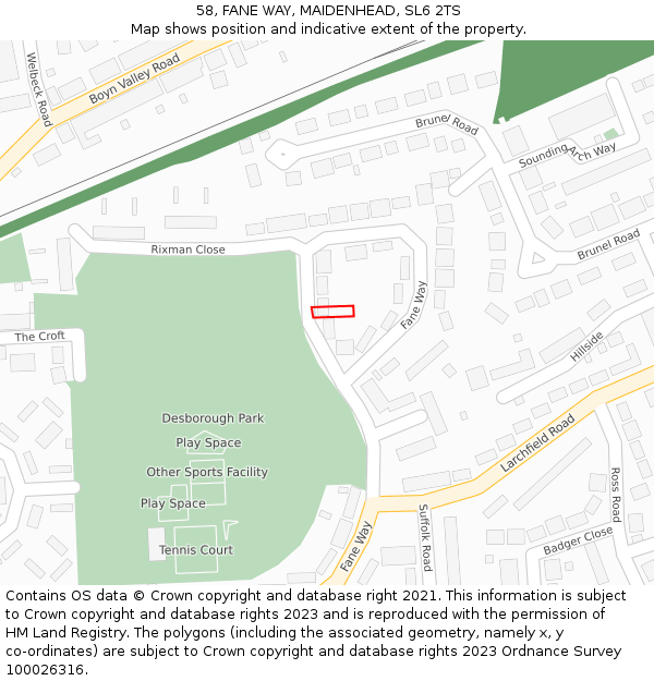 58, FANE WAY, MAIDENHEAD, SL6 2TS: Location map and indicative extent of plot
