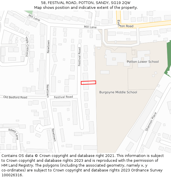 58, FESTIVAL ROAD, POTTON, SANDY, SG19 2QW: Location map and indicative extent of plot