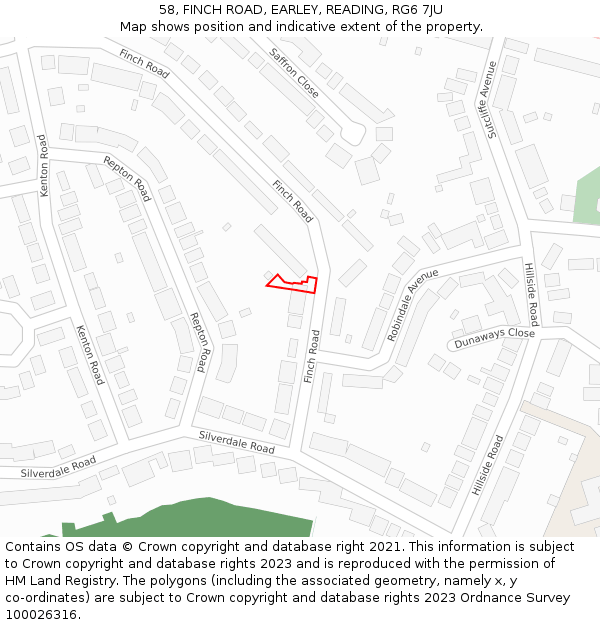 58, FINCH ROAD, EARLEY, READING, RG6 7JU: Location map and indicative extent of plot