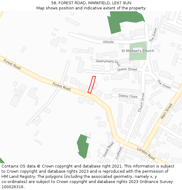 58, FOREST ROAD, MARKFIELD, LE67 9UN: Location map and indicative extent of plot