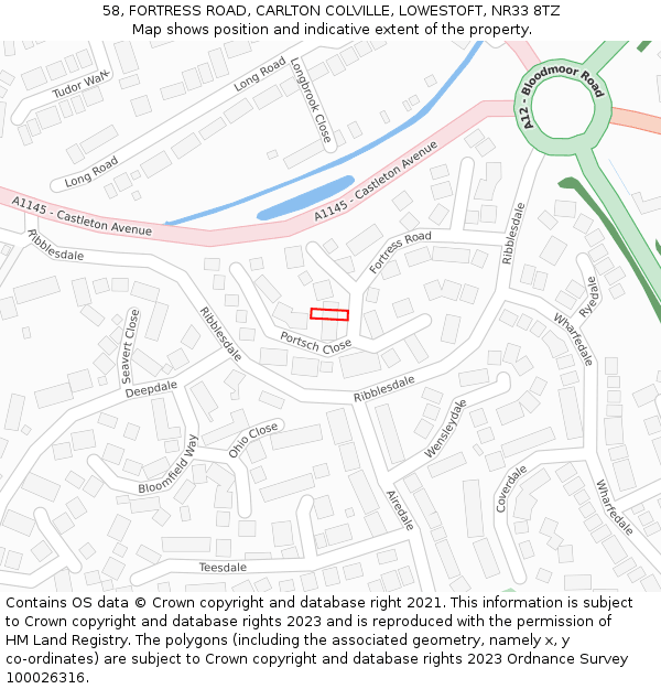 58, FORTRESS ROAD, CARLTON COLVILLE, LOWESTOFT, NR33 8TZ: Location map and indicative extent of plot