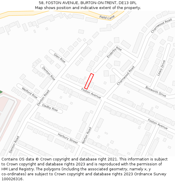 58, FOSTON AVENUE, BURTON-ON-TRENT, DE13 0PL: Location map and indicative extent of plot