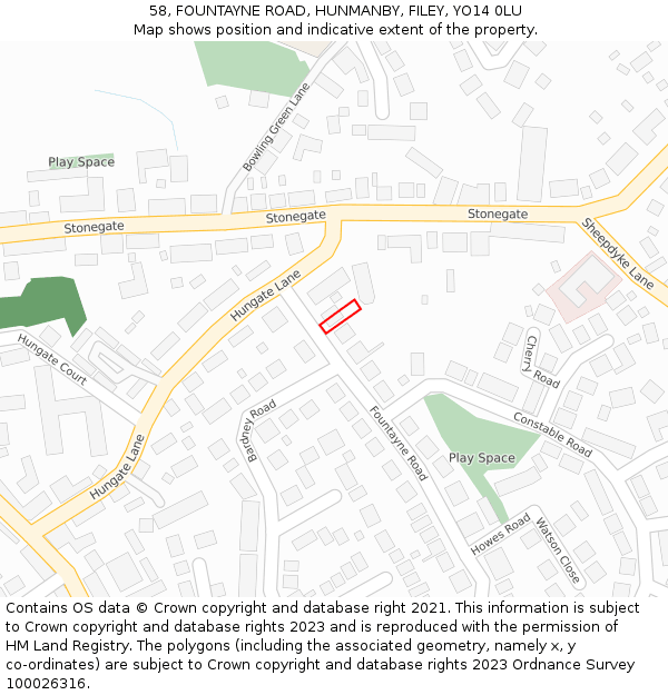 58, FOUNTAYNE ROAD, HUNMANBY, FILEY, YO14 0LU: Location map and indicative extent of plot