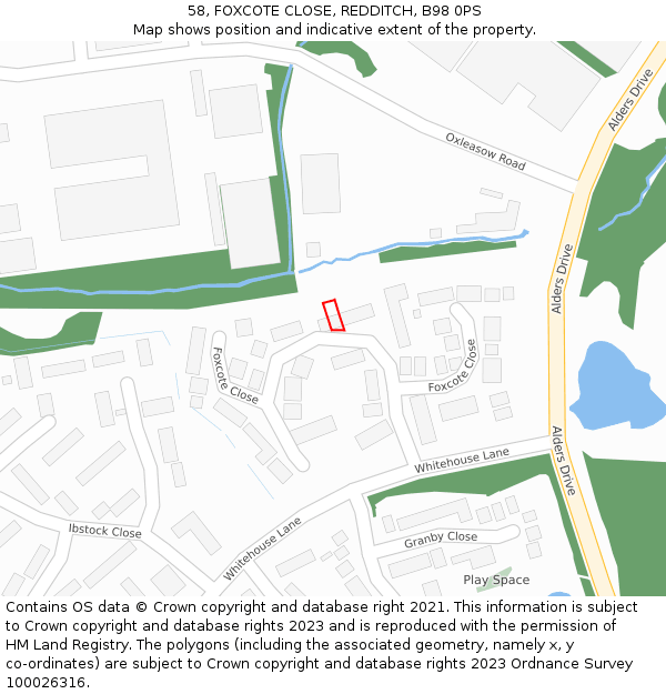 58, FOXCOTE CLOSE, REDDITCH, B98 0PS: Location map and indicative extent of plot