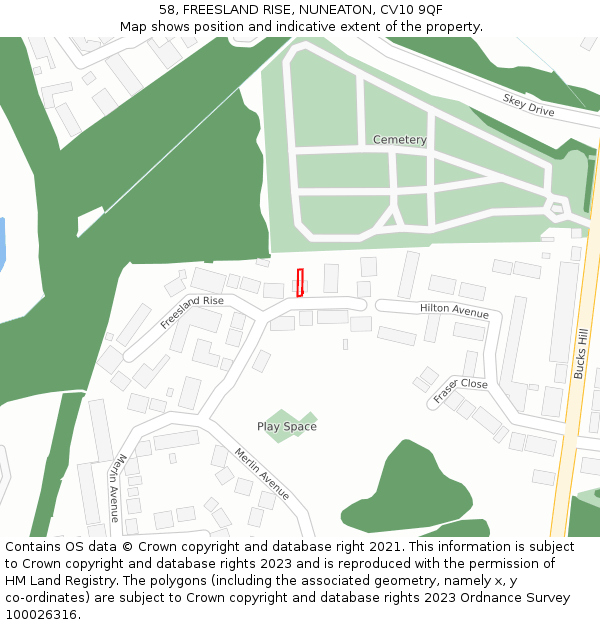 58, FREESLAND RISE, NUNEATON, CV10 9QF: Location map and indicative extent of plot