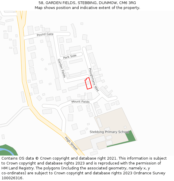 58, GARDEN FIELDS, STEBBING, DUNMOW, CM6 3RG: Location map and indicative extent of plot