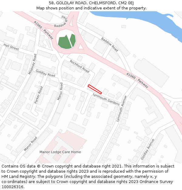 58, GOLDLAY ROAD, CHELMSFORD, CM2 0EJ: Location map and indicative extent of plot