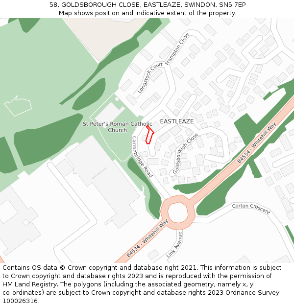 58, GOLDSBOROUGH CLOSE, EASTLEAZE, SWINDON, SN5 7EP: Location map and indicative extent of plot