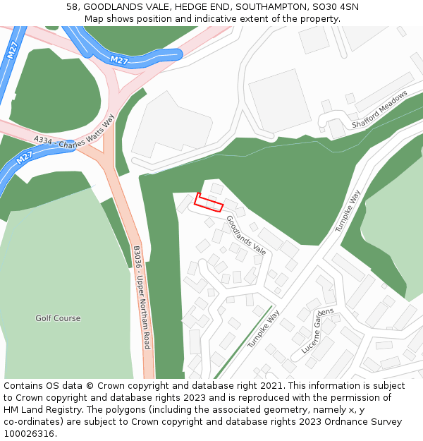 58, GOODLANDS VALE, HEDGE END, SOUTHAMPTON, SO30 4SN: Location map and indicative extent of plot