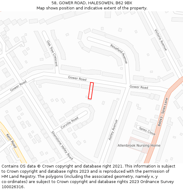 58, GOWER ROAD, HALESOWEN, B62 9BX: Location map and indicative extent of plot