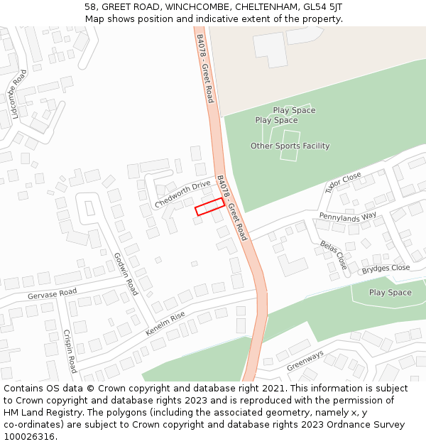 58, GREET ROAD, WINCHCOMBE, CHELTENHAM, GL54 5JT: Location map and indicative extent of plot