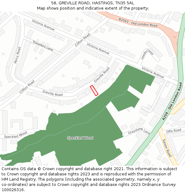 58, GREVILLE ROAD, HASTINGS, TN35 5AL: Location map and indicative extent of plot