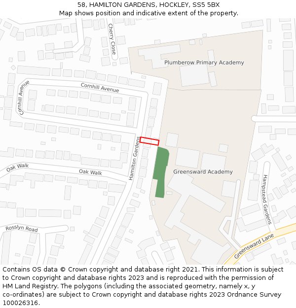 58, HAMILTON GARDENS, HOCKLEY, SS5 5BX: Location map and indicative extent of plot