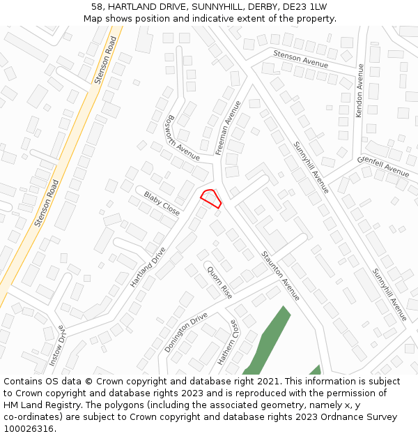 58, HARTLAND DRIVE, SUNNYHILL, DERBY, DE23 1LW: Location map and indicative extent of plot