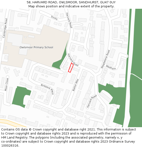 58, HARVARD ROAD, OWLSMOOR, SANDHURST, GU47 0UY: Location map and indicative extent of plot