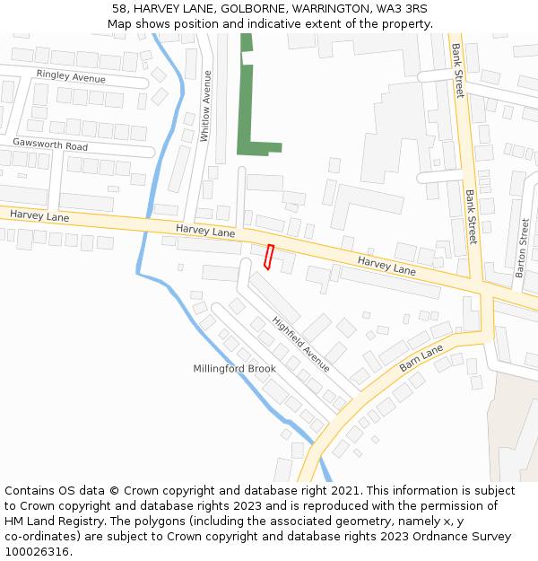 58, HARVEY LANE, GOLBORNE, WARRINGTON, WA3 3RS: Location map and indicative extent of plot