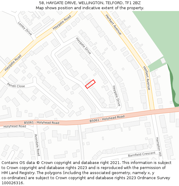 58, HAYGATE DRIVE, WELLINGTON, TELFORD, TF1 2BZ: Location map and indicative extent of plot