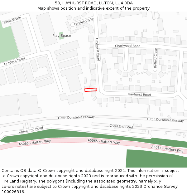 58, HAYHURST ROAD, LUTON, LU4 0DA: Location map and indicative extent of plot