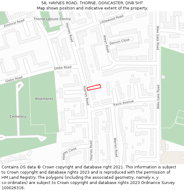 58, HAYNES ROAD, THORNE, DONCASTER, DN8 5HT: Location map and indicative extent of plot