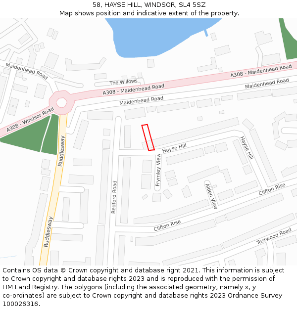 58, HAYSE HILL, WINDSOR, SL4 5SZ: Location map and indicative extent of plot