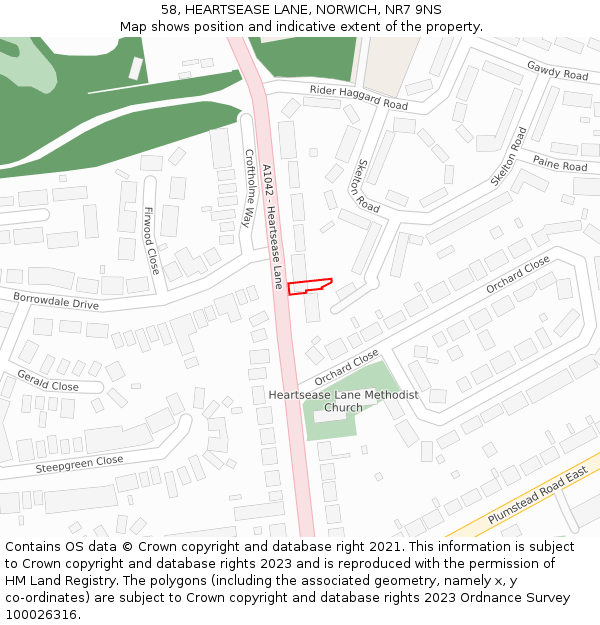 58, HEARTSEASE LANE, NORWICH, NR7 9NS: Location map and indicative extent of plot