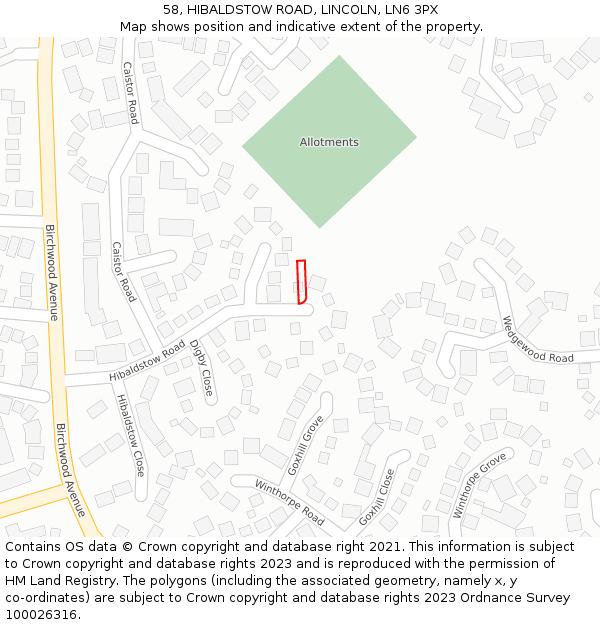 58, HIBALDSTOW ROAD, LINCOLN, LN6 3PX: Location map and indicative extent of plot