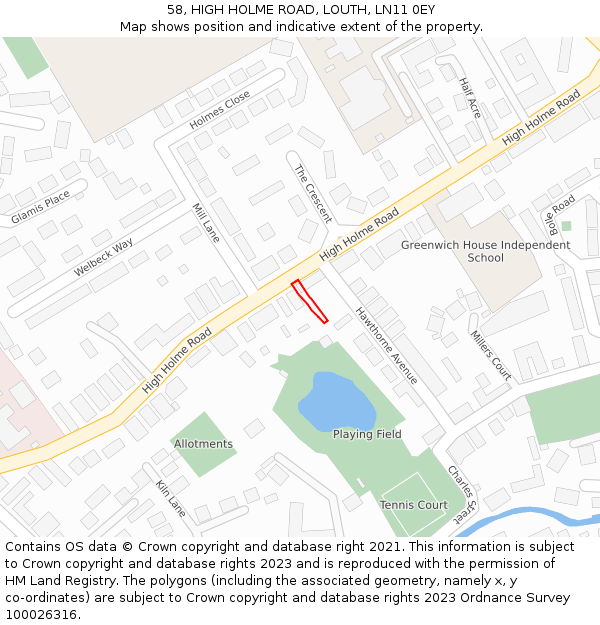 58, HIGH HOLME ROAD, LOUTH, LN11 0EY: Location map and indicative extent of plot