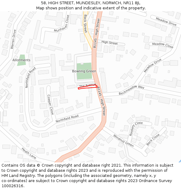 58, HIGH STREET, MUNDESLEY, NORWICH, NR11 8JL: Location map and indicative extent of plot