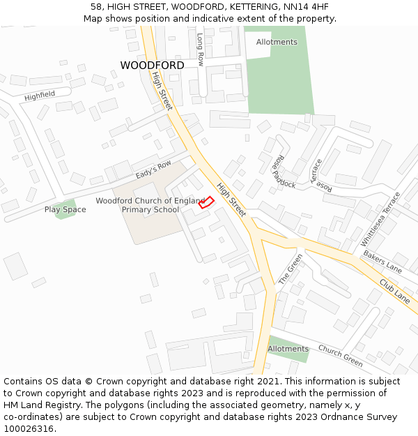 58, HIGH STREET, WOODFORD, KETTERING, NN14 4HF: Location map and indicative extent of plot