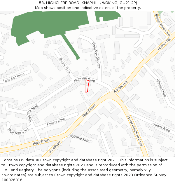 58, HIGHCLERE ROAD, KNAPHILL, WOKING, GU21 2PJ: Location map and indicative extent of plot