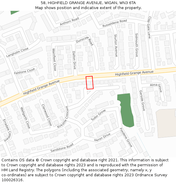 58, HIGHFIELD GRANGE AVENUE, WIGAN, WN3 6TA: Location map and indicative extent of plot