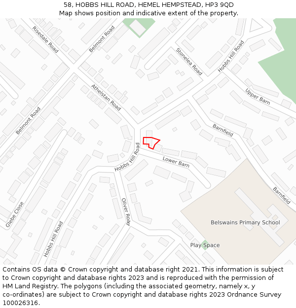 58, HOBBS HILL ROAD, HEMEL HEMPSTEAD, HP3 9QD: Location map and indicative extent of plot