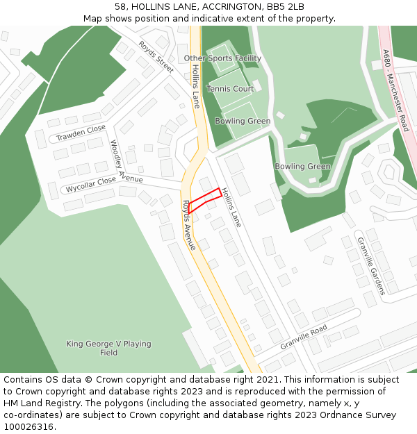 58, HOLLINS LANE, ACCRINGTON, BB5 2LB: Location map and indicative extent of plot