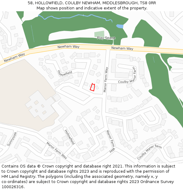 58, HOLLOWFIELD, COULBY NEWHAM, MIDDLESBROUGH, TS8 0RR: Location map and indicative extent of plot
