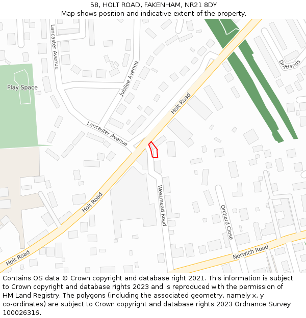 58, HOLT ROAD, FAKENHAM, NR21 8DY: Location map and indicative extent of plot