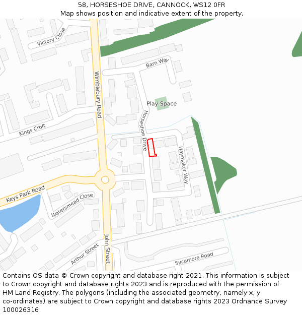 58, HORSESHOE DRIVE, CANNOCK, WS12 0FR: Location map and indicative extent of plot