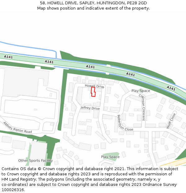 58, HOWELL DRIVE, SAPLEY, HUNTINGDON, PE28 2GD: Location map and indicative extent of plot